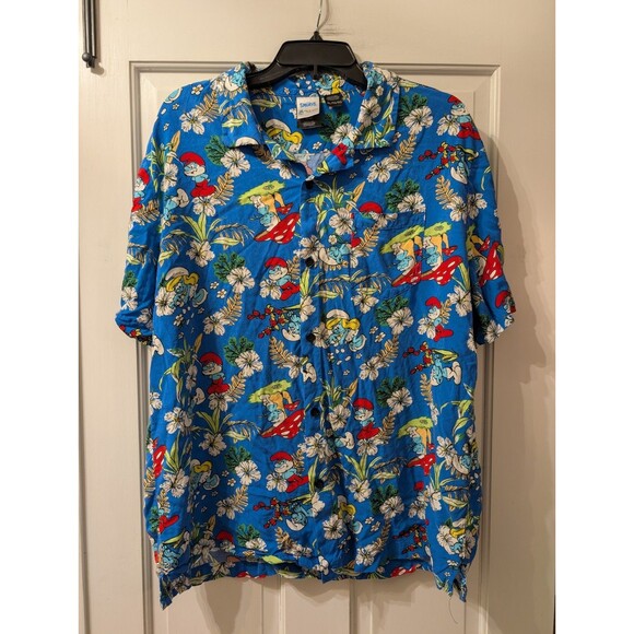 The Smurfs Men’s Hawaiian Shirt XL Blue Floral Button Front Cartoon Retro Print - Picture 10 of 10